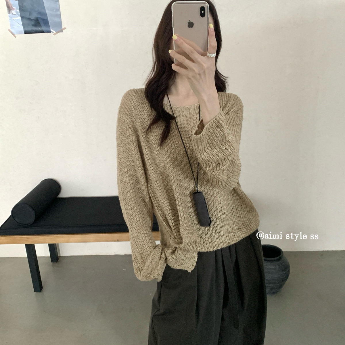 Aimistyle设计感打结针织衫女款慵懒风镂空宽松长袖上衣女31929