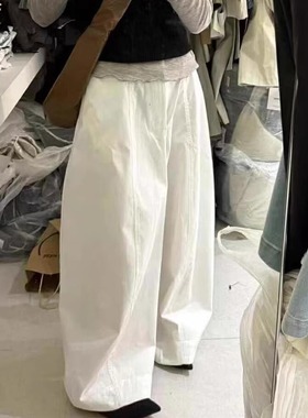 IU ROOM 白色高腰阔腿裤简约韩系慵懒风垂感设计显瘦休闲裤3989