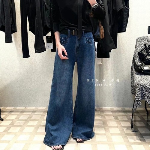 benmi本谜 韩国蓝色水洗牛仔裤女高腰宽松显瘦微喇裤大腿裤8153
