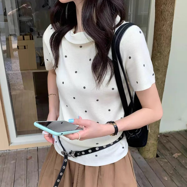 SUSAN 法式波点圆领短袖针织衫女新款设计感显瘦百搭减龄上衣5812