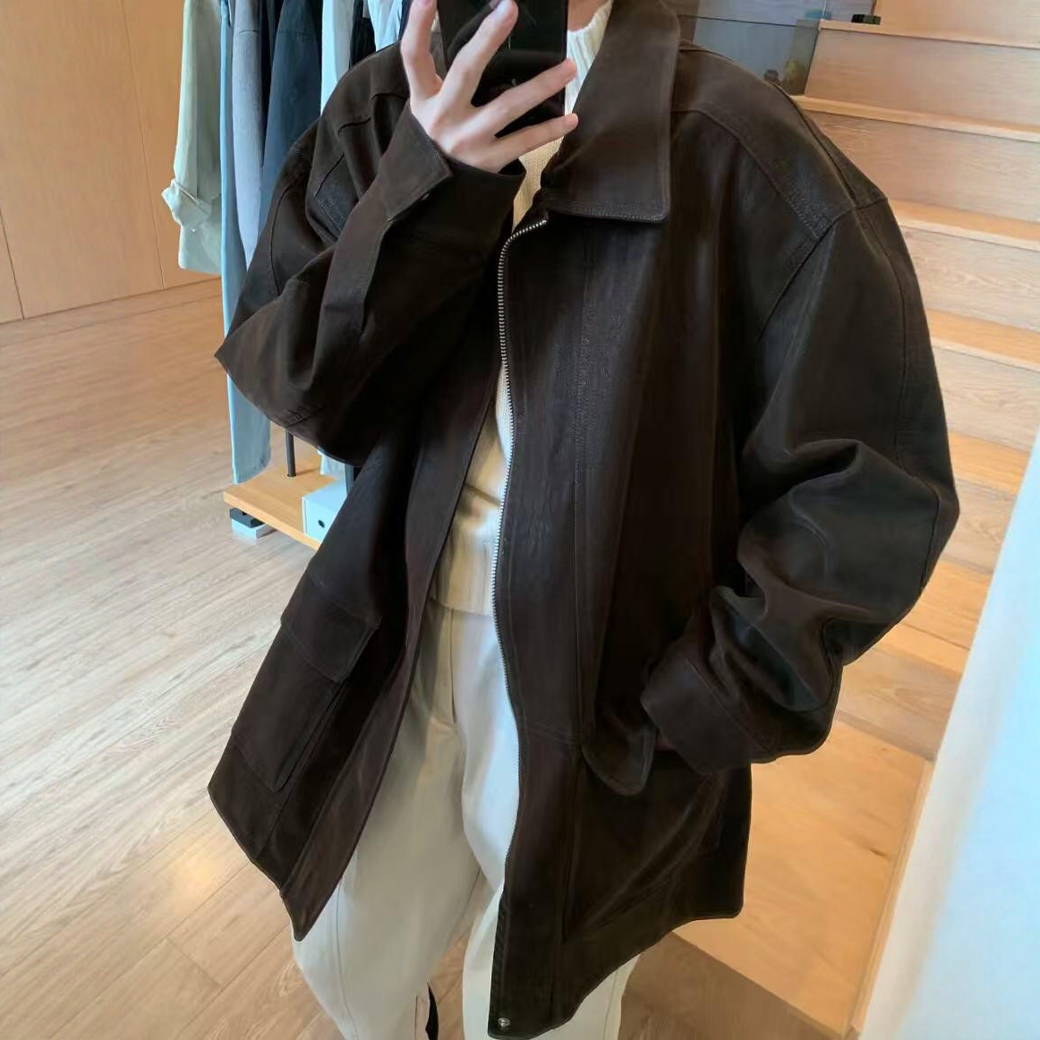 IU ROOM 韩国翻领拉链植绒皮皮衣外套女款式休闲中长款风衣5293