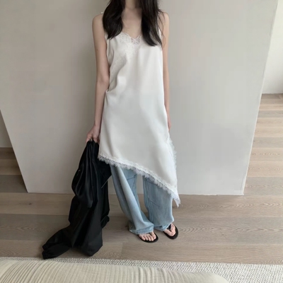 IU ROOM 韩系叠穿蕾丝花边吊裙连衣裙斜边不规则连衣裙设计感5579