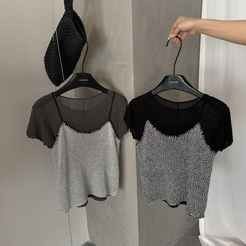 IU ROOM 韩系设计感拼接撞色小香风吊带背心百搭木耳边针织短袖
