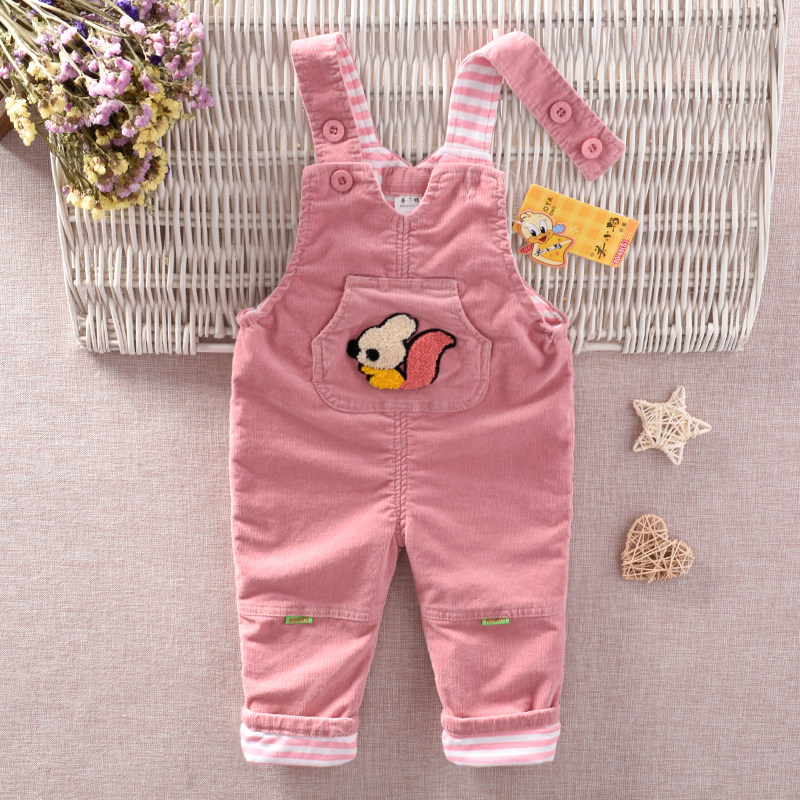 美小鸭春秋男童女宝宝背带裤双层纯棉婴儿幼儿连体裤细条绒可开裆