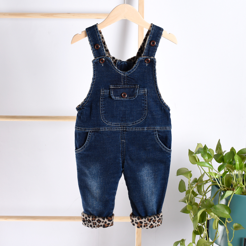 秋冬宝宝加绒裤新款新款男女婴儿背带裤弹力牛仔双层裤子可开裆