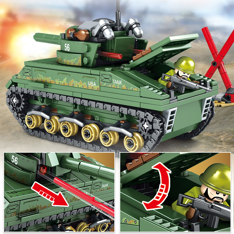 儿童拼装系列谢尔曼M4坦克人物小人偶小颗粒拼装积木益智玩具
