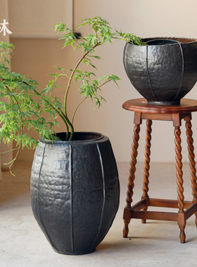 景德镇陶瓷落地花盆大口径黑色摆件民宿酒店角落中式简约种植花盆