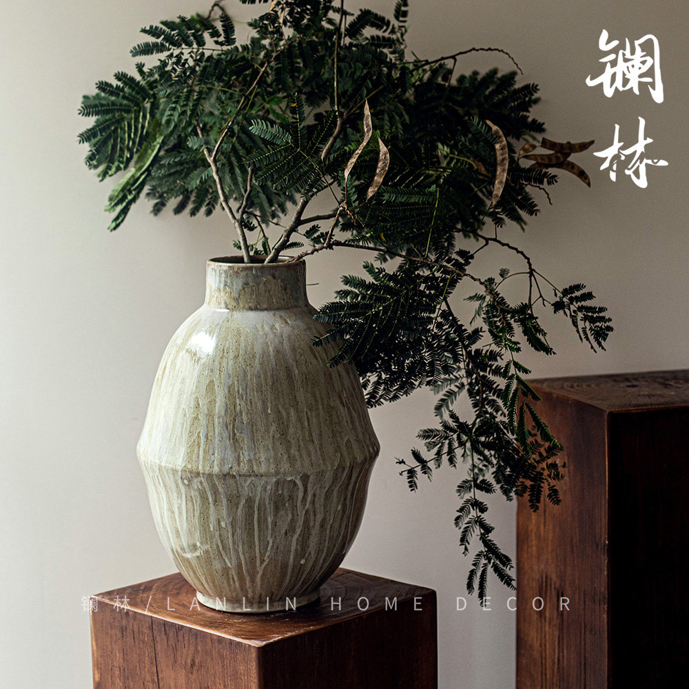 景德镇侘寂风粗陶打孔花器复古禅意大肚子花瓶新中式奶油水培器皿