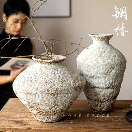 镧林复古陶瓷花瓶侘寂粗陶罐新中式手工民宿摆件禅意古朴雪落长城