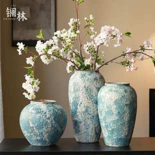 粗陶桌面花瓶侘寂风摆件客厅桌面水培插花手作高端蓝色月亮的裙角