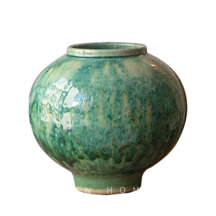 中式陶瓷小花瓶高级感碧绿色系月亮罐陶罐餐客厅书房茶室禅意摆件