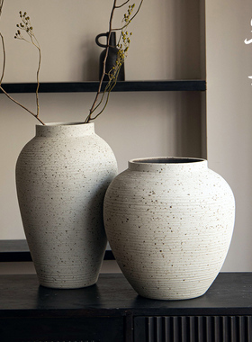 现代简约白色花瓶侘寂风装饰摆件插干枝大号台面可种树盆白墨点点