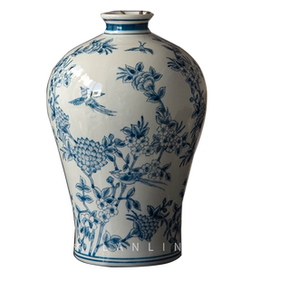 新中式青花陶瓷花瓶复古禅意客厅插花器民宿茶室酒店玄关摆件梅瓶