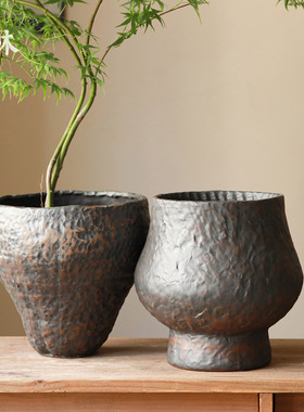 新中式复古陶瓷花盆轻奢高级感摆件简约黑色插花阳台多肉花盆以墨