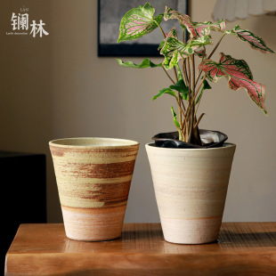 景德镇侘寂风粗陶花盆客厅插花器民宿酒店家居摆件复古风陶土舜华