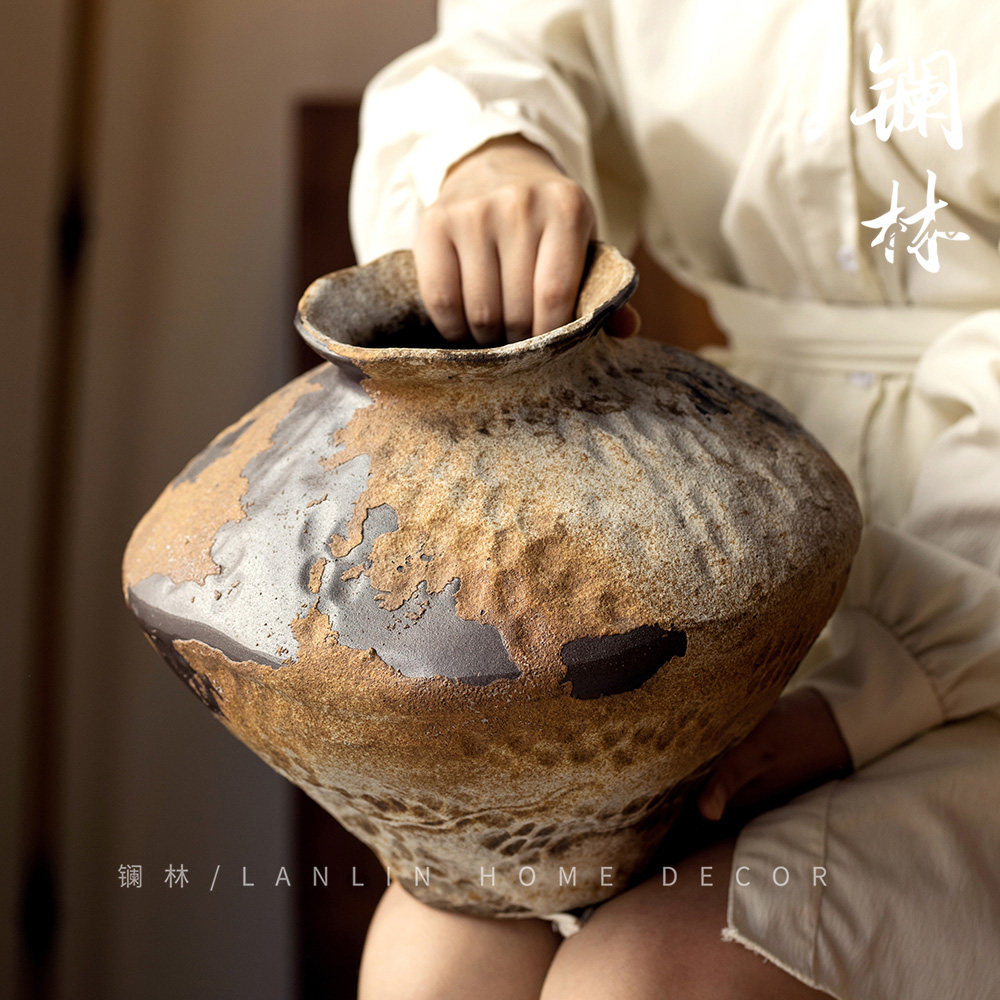 新中式侘寂风陶瓷花瓶景德镇禅意古朴手工粗陶罐民宿摆件复古开岁