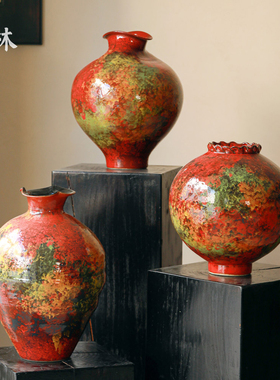 新中式陶瓷花瓶侘寂风摆件客厅插花复古红色过年喜庆民宿酒店装饰