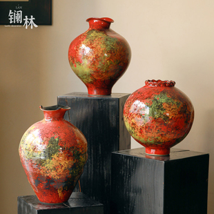 新中式陶瓷花瓶侘寂风摆件客厅插花复古红色过年喜庆民宿酒店装饰