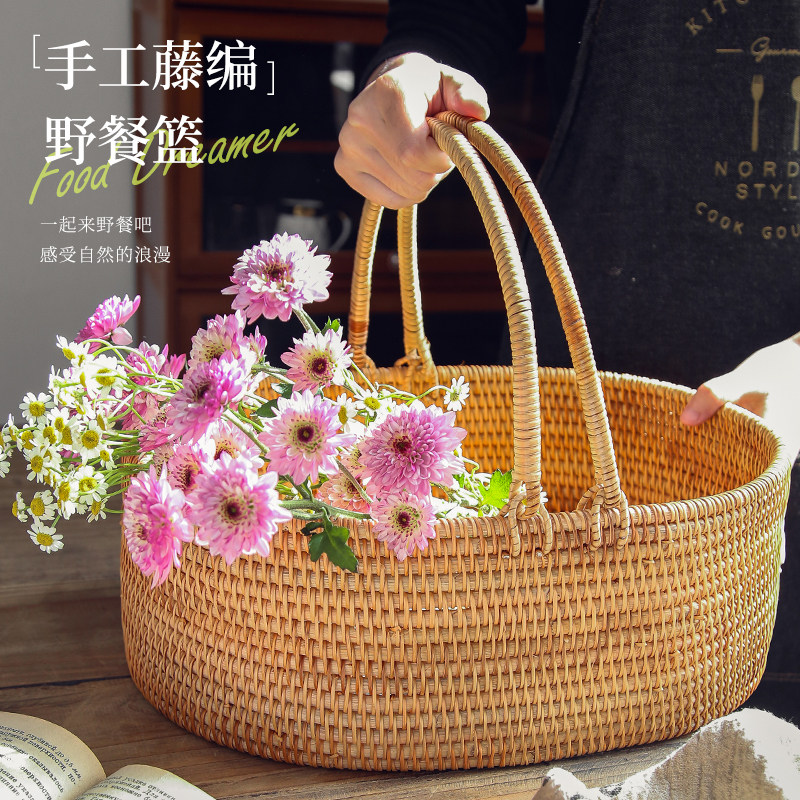 藤编轻奢提手野餐篮子图片