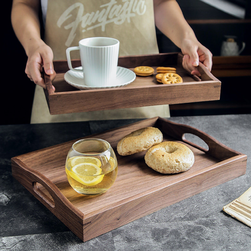 家用茶具托盘高档黑胡桃木托盘日式煮茶水杯长方形托盘早餐点心盘
