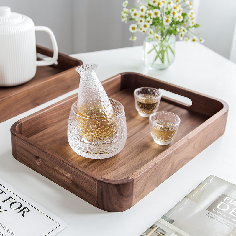 日式托盘轻奢黑胡桃木茶托盘木质托盘家用长方形甜品盘点心面包盘