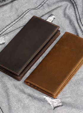 复古欧美疯马皮欧美手工青年头层牛皮男士真皮横版长款钱包夹卡包