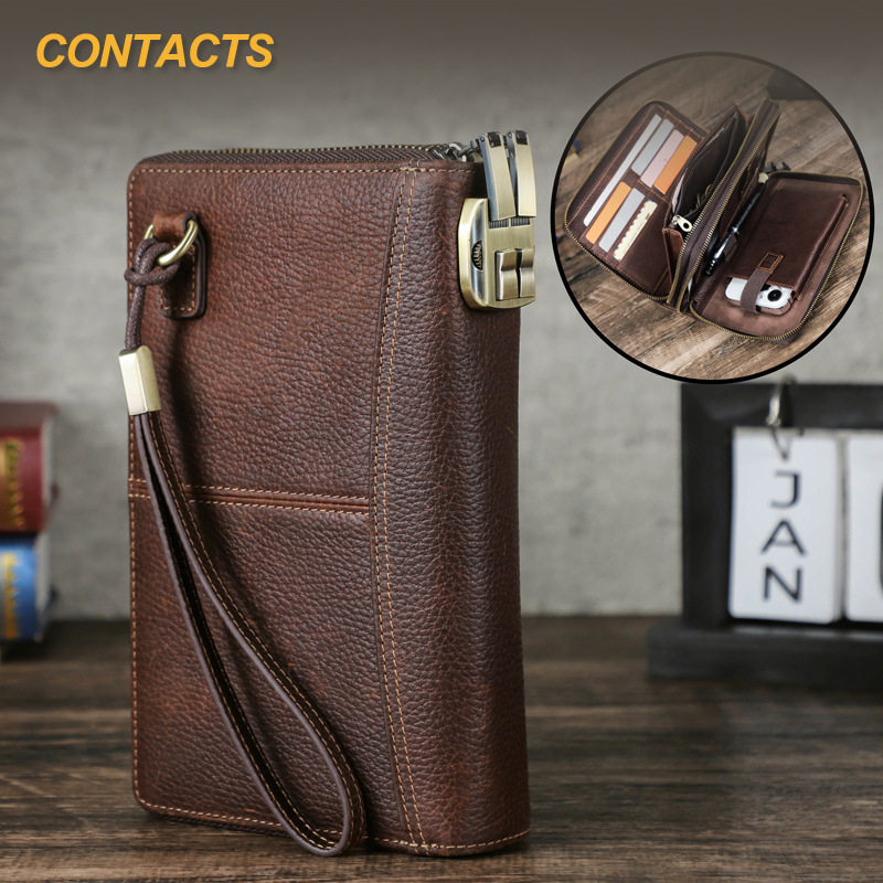 复古荔枝纹天然头层纯全牛皮双拉链手拿包手腕真皮长款钱包手机包