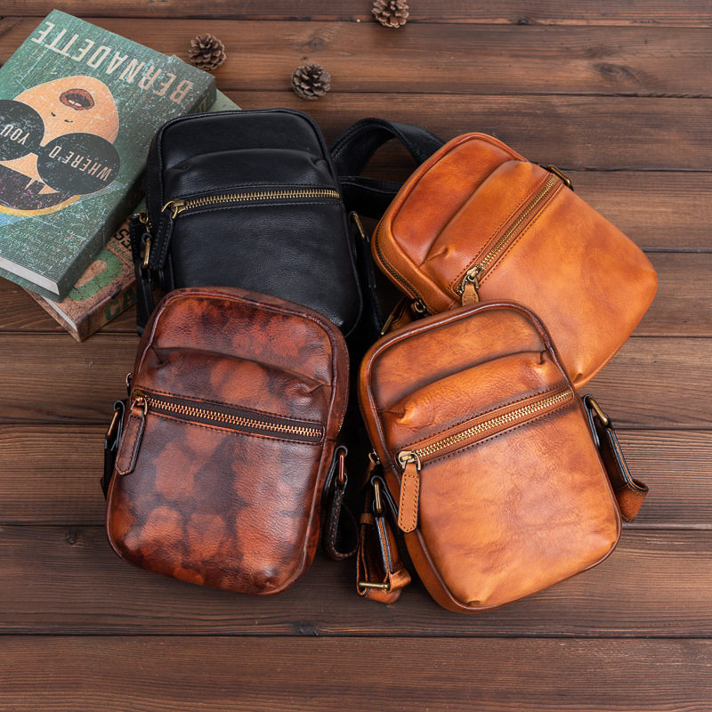 植鞣皮复古头层牛皮男士斜挎包真皮潮流休闲单肩包男包烟包小背包
