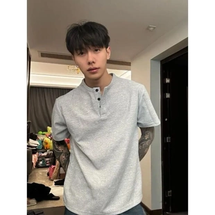 polo衫 cleanfit亨利领短袖 浅灰色美式 男夏季 华夫格正肩T恤打底衫