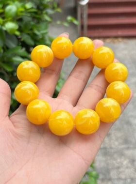 天然二代蜜蜡手串男女款鸡油黄金绞蜜瓷白飘花琥珀手链圆珠情侣54