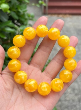 天然二代蜜蜡手串男女款鸡油黄金绞蜜瓷白飘花琥珀手链圆珠饰品30