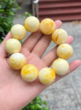 天然二代蜜蜡手串男女款鸡油黄金绞蜜瓷白飘花琥珀手链圆珠饰品39