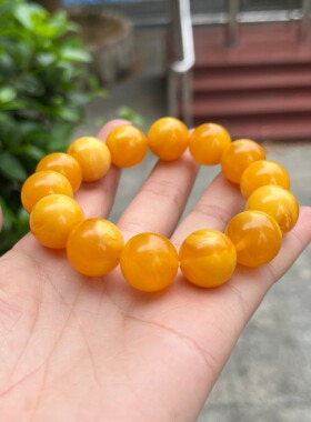 天然二代蜜蜡手串男女款鸡油黄金绞蜜瓷白飘花琥珀手链圆珠饰品50