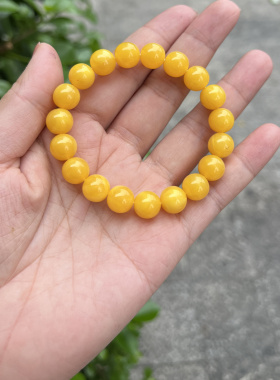 天然二代蜜蜡手串男女款鸡油黄金绞蜜瓷白飘花琥珀手链圆珠饰品37