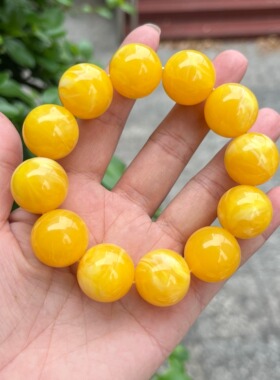 天然二代蜜蜡手串男女款鸡油黄金绞蜜瓷白飘花琥珀手链圆珠饰品48