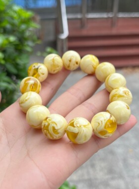 天然二代蜜蜡手串男女款鸡油黄金绞蜜瓷白飘花琥珀手链圆珠饰品41