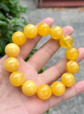 天然二代蜜蜡手串男女款鸡油黄金绞蜜瓷白飘花琥珀手链圆珠饰品38