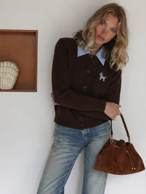 新年生肖款小马刺绣可拆卸衬衫领羊毛针织开衫