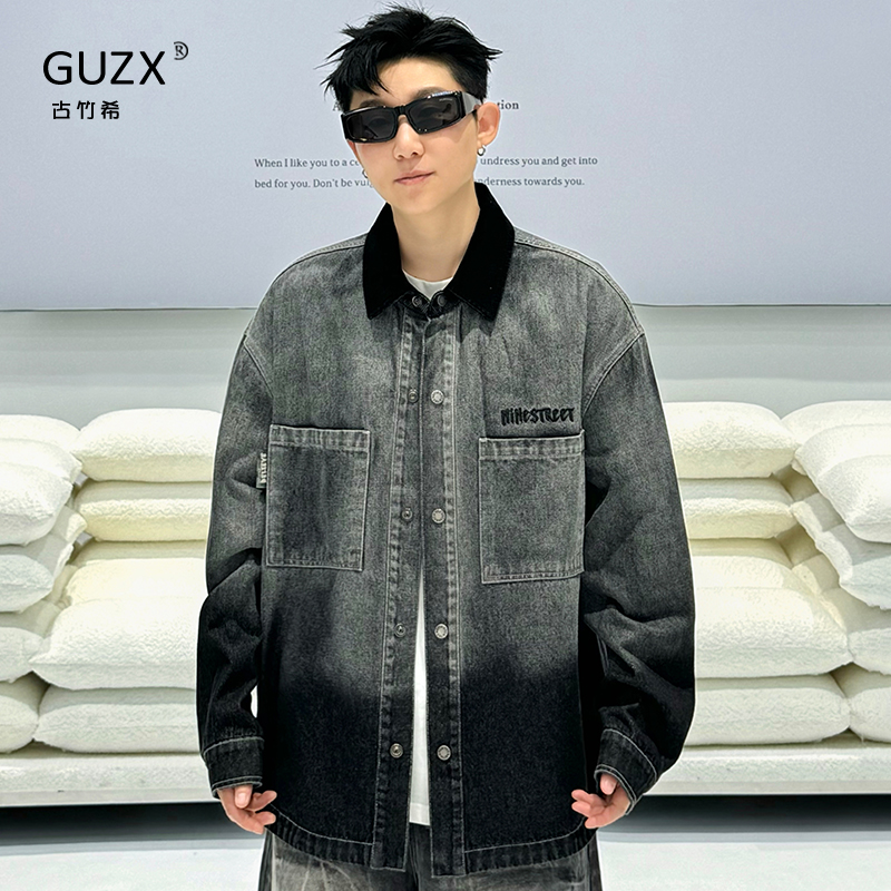 做旧渐变色字母刺绣翻领衬衫外套