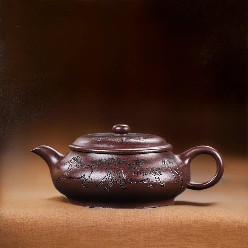 八骏图明炉紫砂壶老紫泥李卢春刻字刻画奔马茶壶新中式家用茶具
