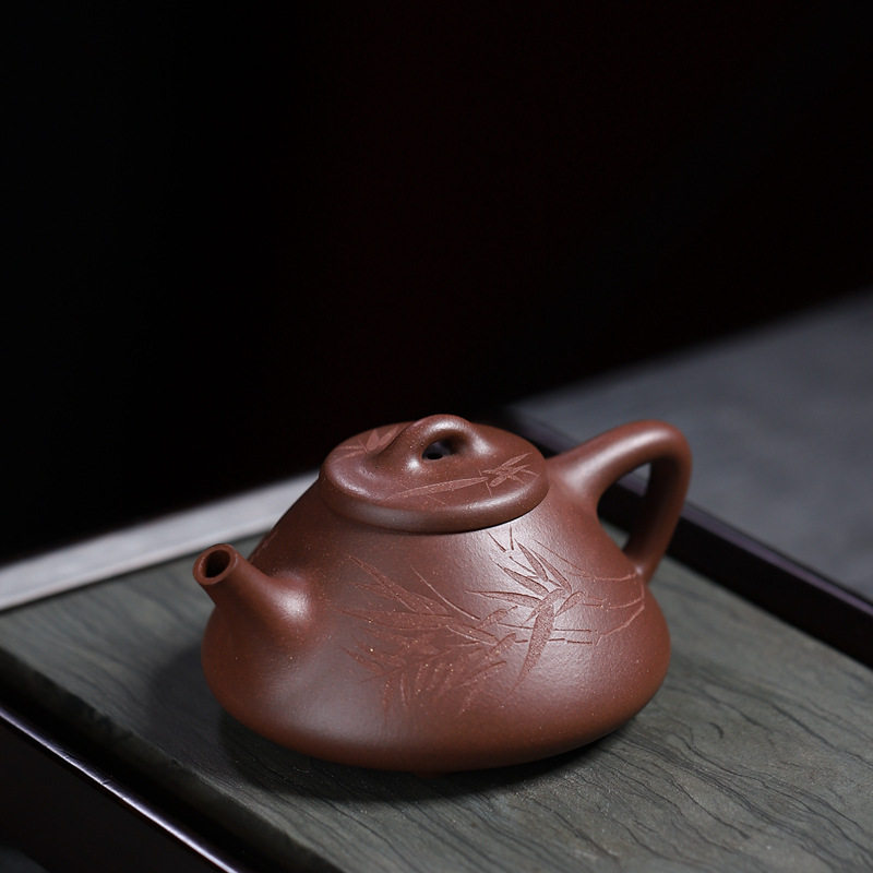 原矿紫泥子冶石瓢刻竹叶无添加无酸洗紫砂壶清风竹韵泡茶壶260cc