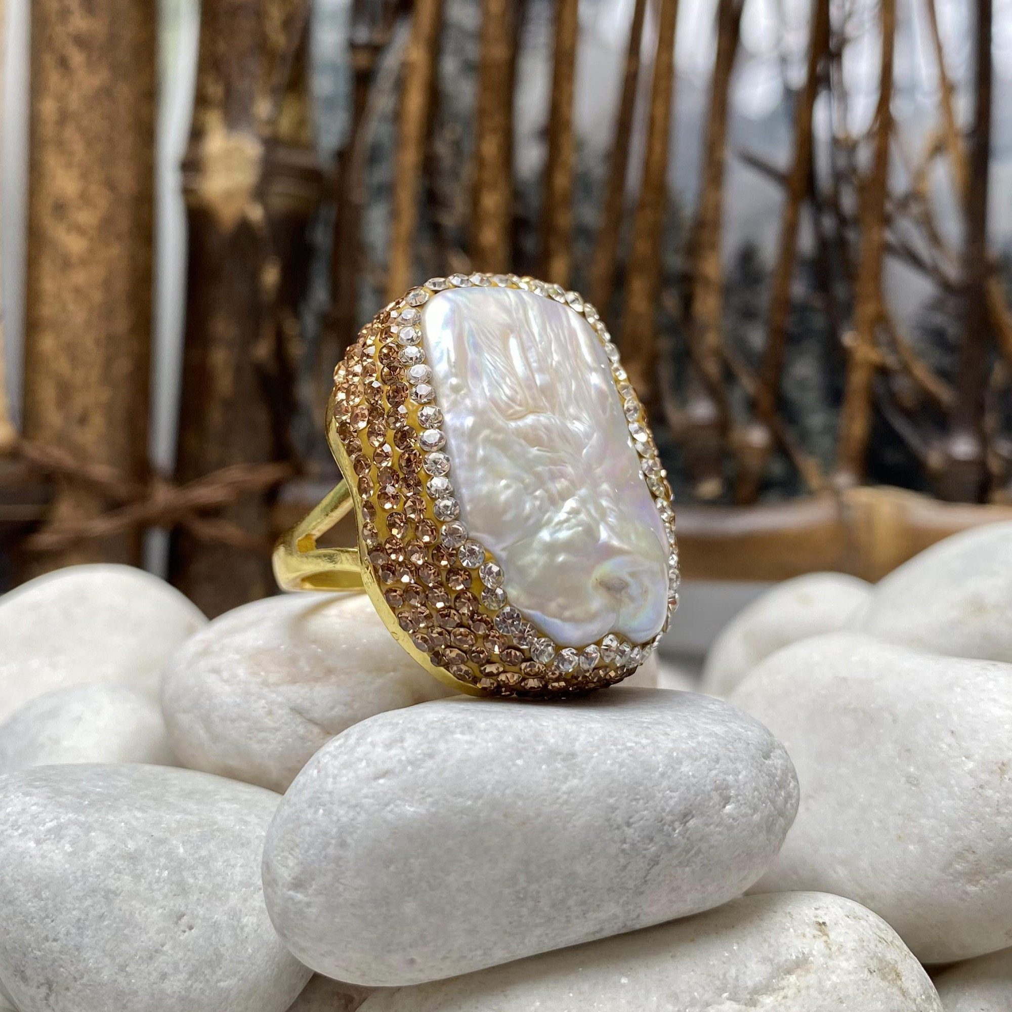 天然不规则珍珠围边水钻戒指手镯套装女士个性潮流饰品