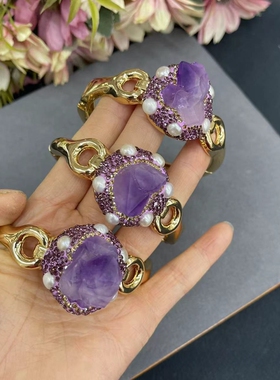 天然不规则紫水晶手镯镶嵌珍珠活口手镯女饰品保色流行首饰
