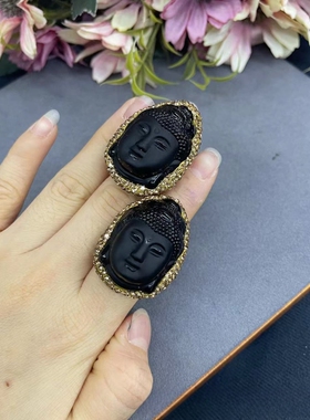 新款磨砂黑曜石佛头活口戒指女小众百搭首饰水钻饰品指环