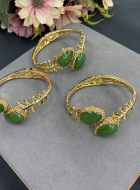 马来玉双头开口保色电镀手工镶嵌水钻饰品手镯女