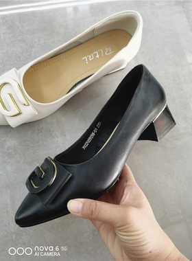 日泰粗跟黑色单鞋2023春季新款百搭浅口低跟职业鞋女鞋断码特价