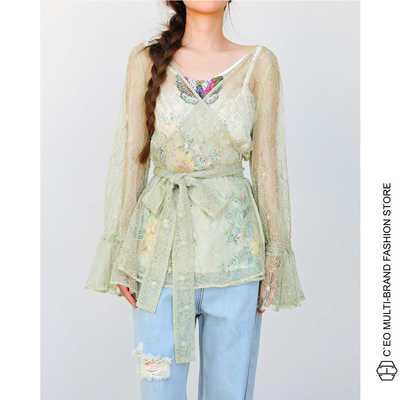 [清仓特价1折]CHRISTOPHER BU 抹茶绿蕾丝透视绑带上衣 CEO FASHI