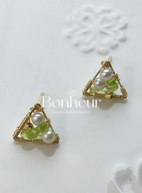 Bonheur_龙井衔春系列天然橄榄石天然极光珍珠设计师耳钉手工制作