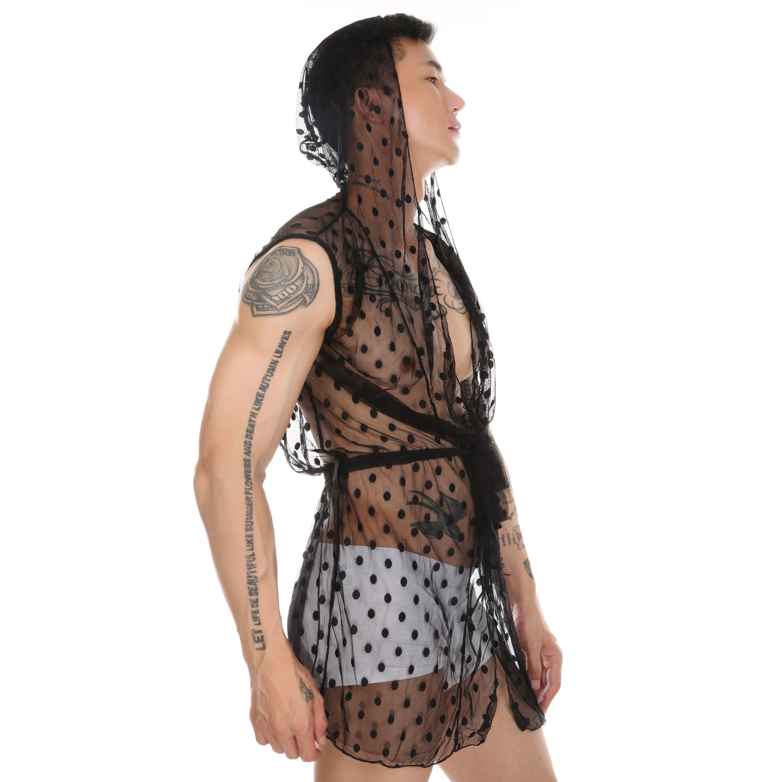 男士圆点蕾丝性感无袖浴袍诱惑