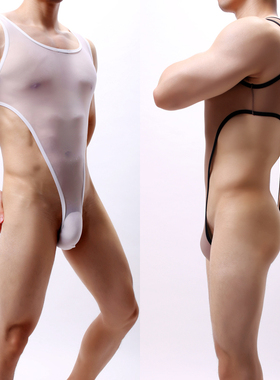 塑身连体衣男DomiGe透明网纱美体衣激凸囊袋性感情趣连体丁字裤男